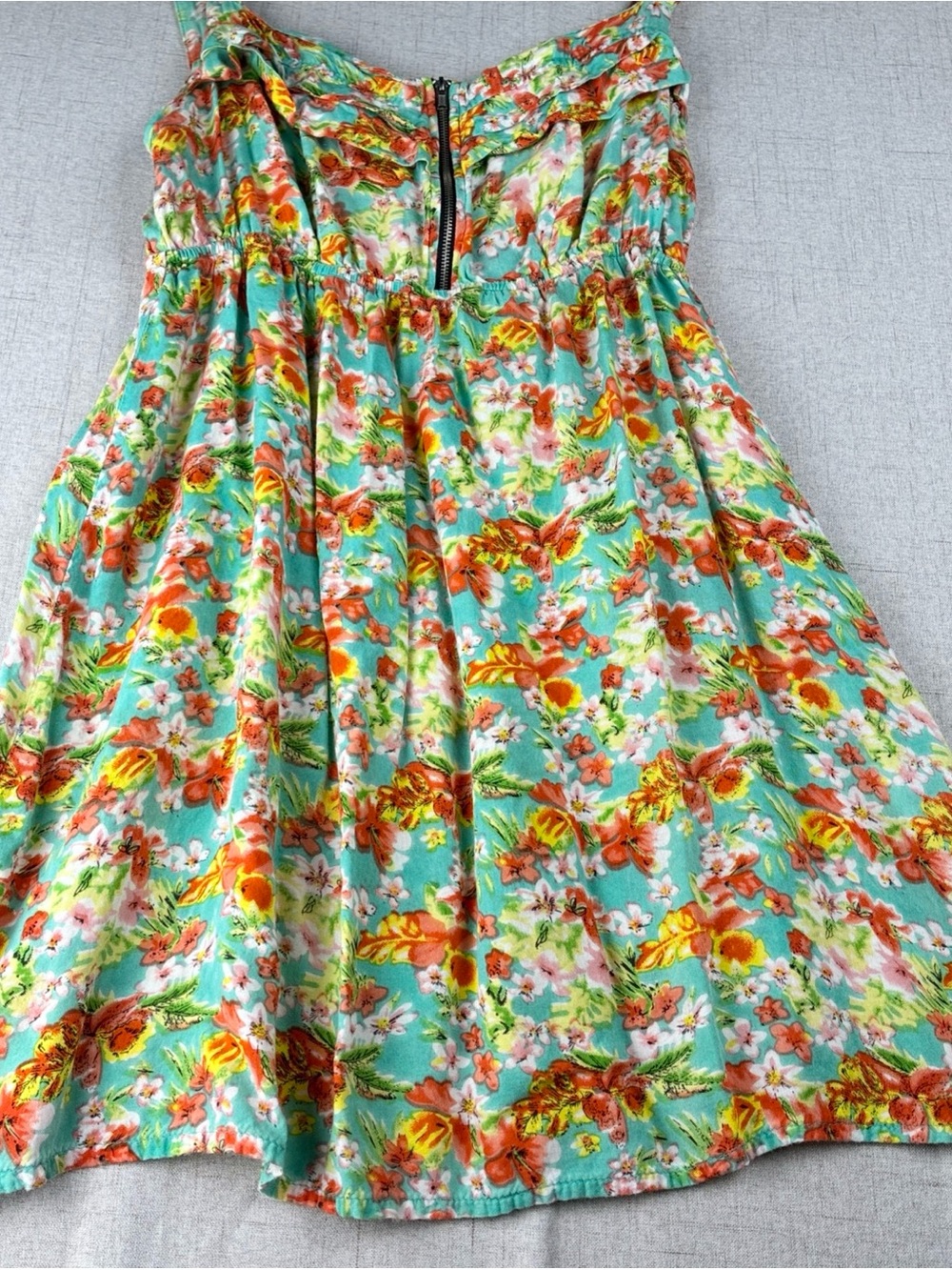 She’s Cool Girls Front Zip Dress 10 L Soft Teal Hawaiian Orange Hibiscus Elastic